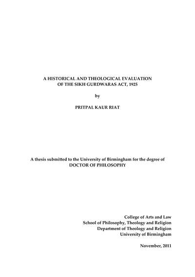 A Historical And Theological Evaluation Of The Sikh Gurdwaras Act 1925 — cover