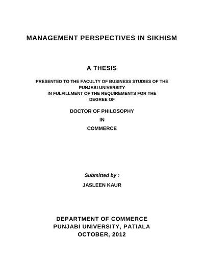 Management Perspectives In Sikhism — cover