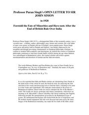 Professor Puran Singh's Open Letter To Sir John Simon — cover