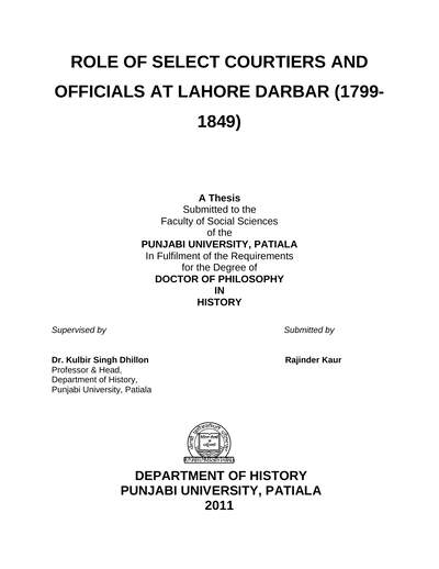 Role Of Select Courtiers And Officials At Lahore Darbar — cover