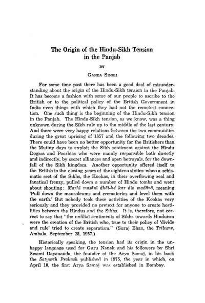 TheOriginOfTheHinduSikhTensionInThePunjabDr GandaSingh The Origin of the hindu-Sikh Tension in The Punjab - Dr Ganda Singh — cover