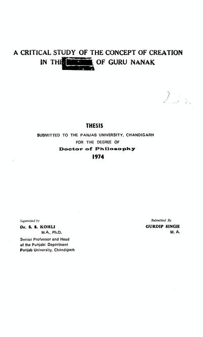 A critical study of the concept of creation in the poetry of Guru Nanak — cover
