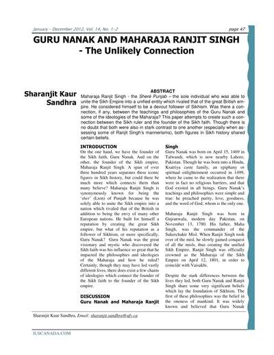 GURU NANAK AND MAHARAJA RANJIT SINGH - The Unlikely Connection — cover