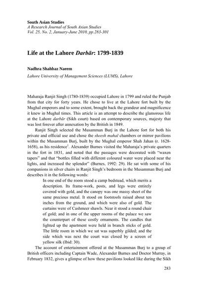 Life at the Lahore Darbār- 1799-1839 — cover