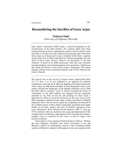 Reconsidering the Sacrifice of Guru Arjan Pashaura Singh University of California, Riverside — cover