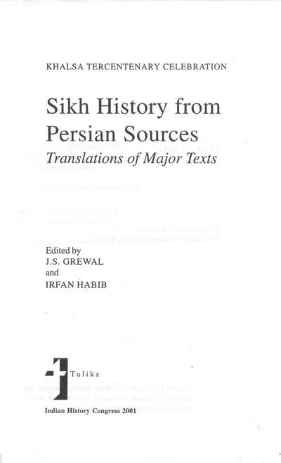 Sikh History From Persian Sources Habib Grewal — cover