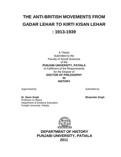The Anti British Movements from Gadar Lehar to Kirti Kisan Lehar 1913 - 1939 byBhupinder Singh — cover