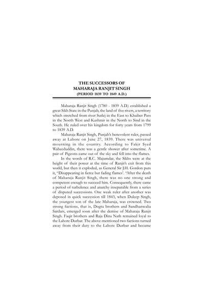 The Successors of Maharaja Ranjit Singh (period 1839 to 1849 A.d.) — cover