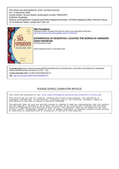 Experiences of Desertion Prabhsharandeep Singh — cover