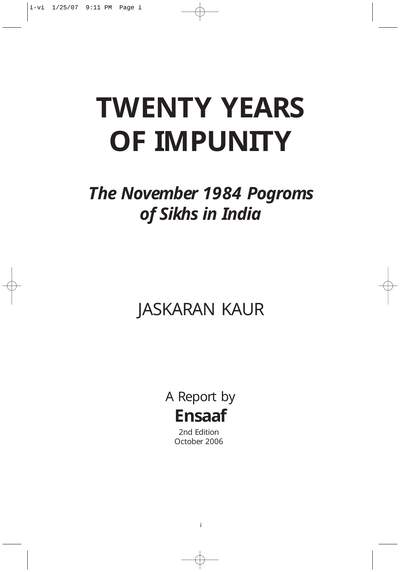 Twenty Years of Impunity 2nd Edition Jaskaran Kaur — cover