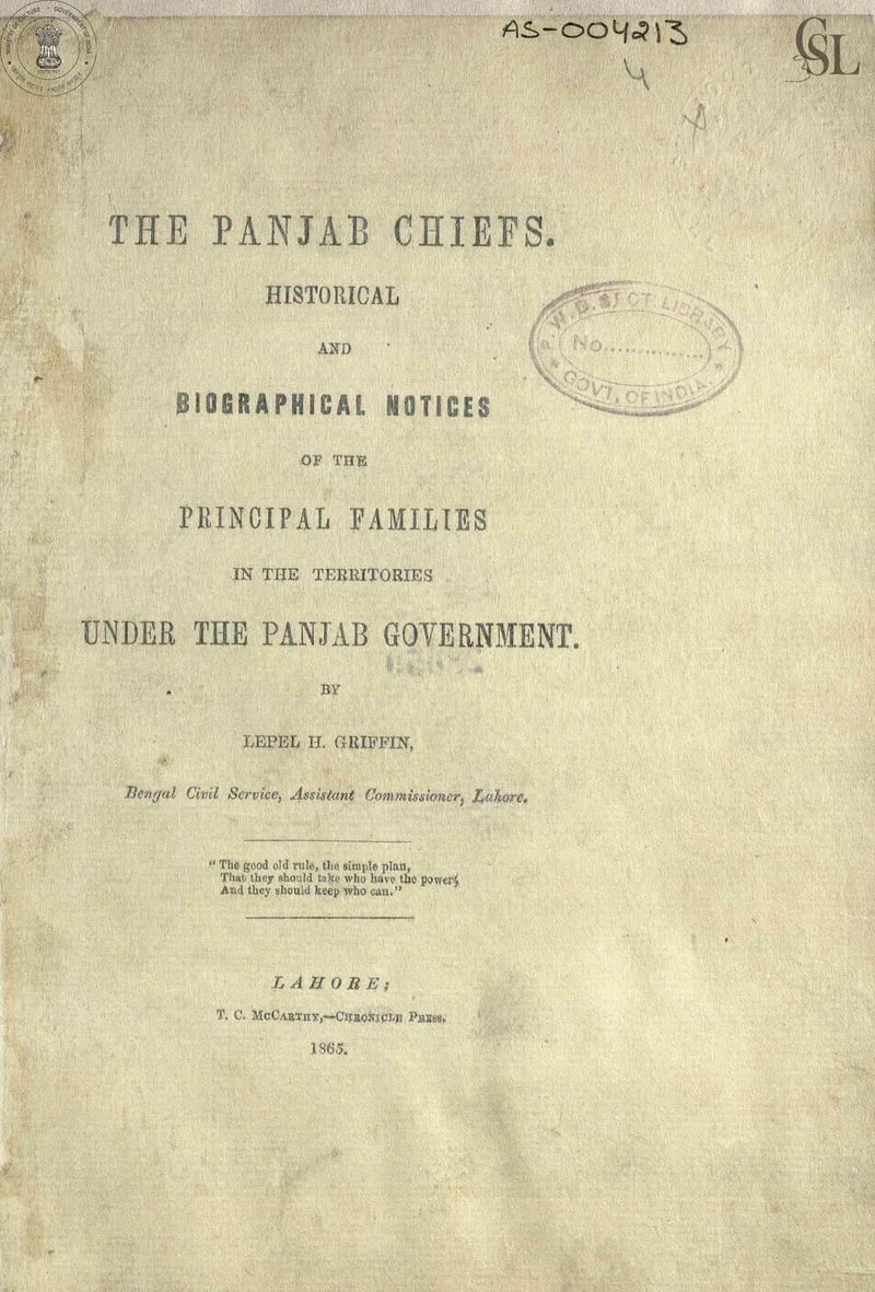 Biographical Sketches of Notable Sikh Chiefs (1865 ed.) — cover